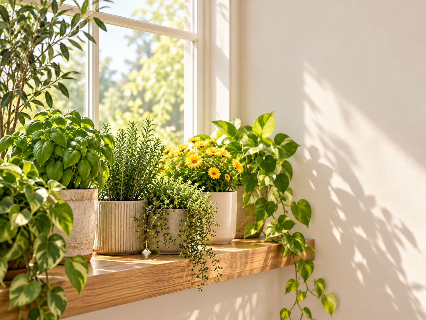 Sunlit indoor garden with herbs and leafy plants